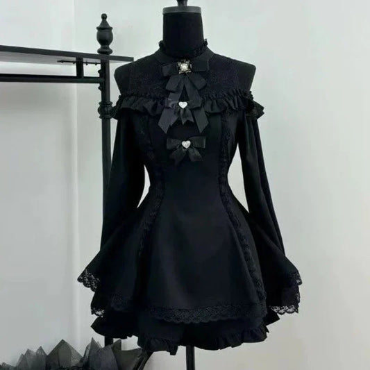 Japanese Gothic Rhinestone Bow Dress & Shorts Set – Lolita Y2K Off-Shoulder Outfit for Women
